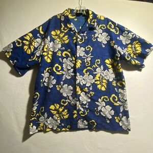 XL Vintage ODO 1990's Y2K Hawaiian Shirt Floral Print Blue Yellow